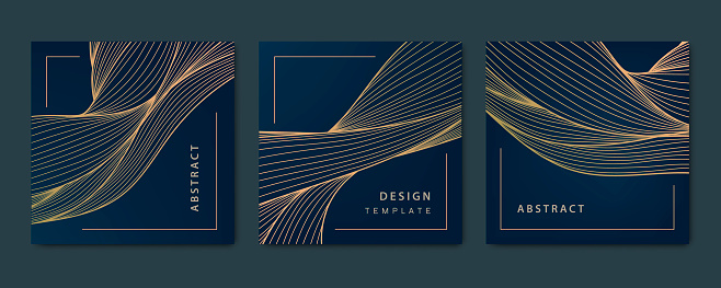 Vector set of wavy luxury line cards, golden dynamic square backgrounds, posts, design template. Art deco abstract patterns, texture for print, fabric, packaging design.