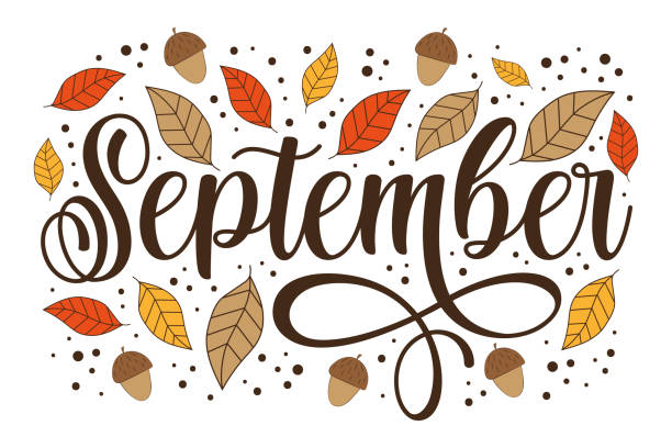 september - herbstliche begrüßung mit handgezeichneten blättern und eicheln. - september stock-grafiken, -clipart, -cartoons und -symbole