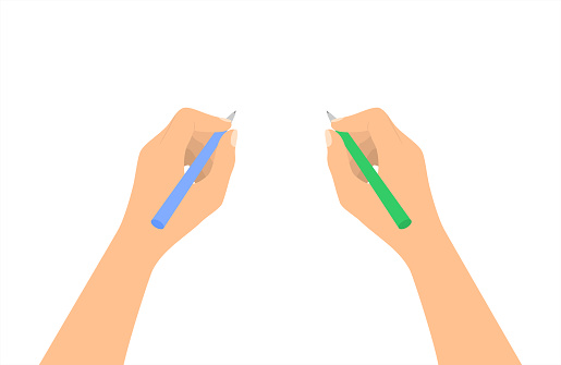 An ambidextrous person writing with both hands isolated on a white background. Flat vector illustration