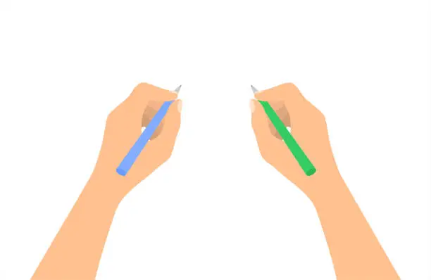 Vector illustration of An ambidextrous person writing with both hands isolated on a white background. Flat vector illustration