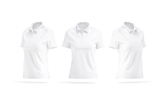 Blank white women polo shirt mockup, front and side view, 3d rendering. Empty slim undershirt or jersey poloshirt witj buttons mock up, isolated. Clear female fabric sportswear template.