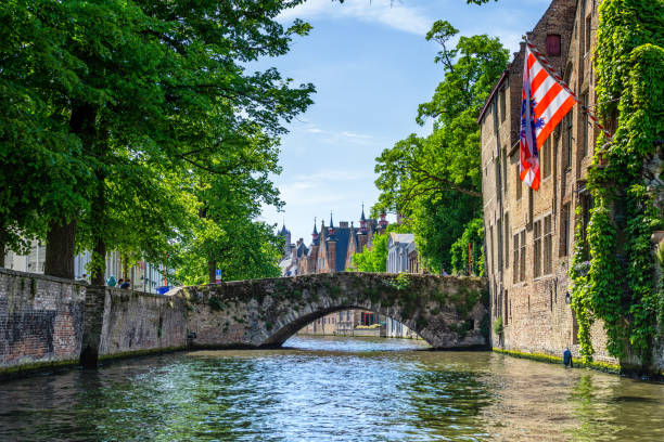 casas históricas con la bandera de la ciudad de brujas, bélgica - belfort fotografías e imágenes de stock