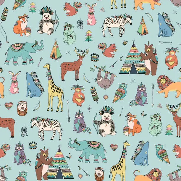 Vector illustration of Tribal animals vector seamless pattern