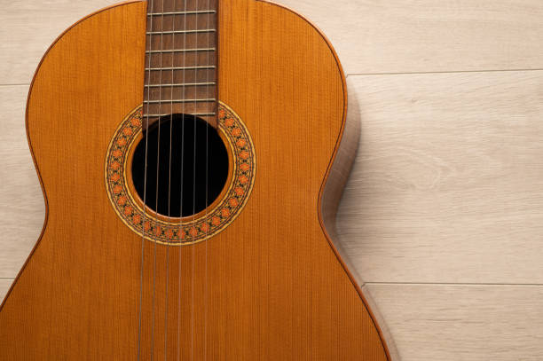 istock Classical guitar body, on a light wood background. 1406907997
