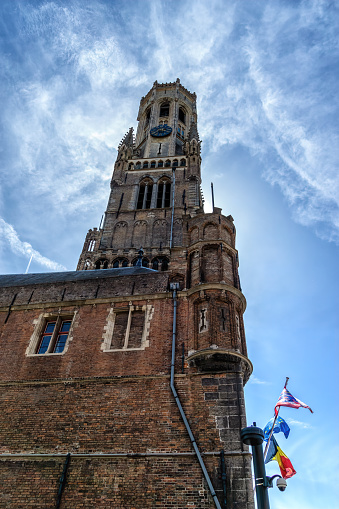 Scenic view of the belfry tower, known as Belfort in the historic town of Bruges in Flanders, Belgium.