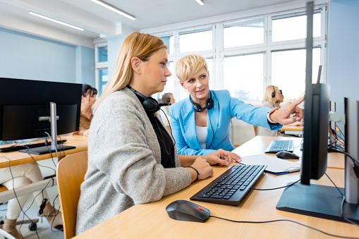 Female manager pointing at computer monitor while teaching employee at desk in office