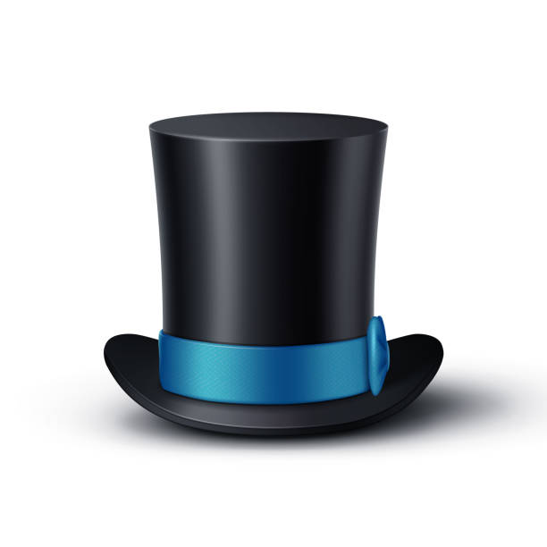 Top Hat, High Hat, Cylinder Hat, a Topper with Blue Ribbon and Bow Top hat, high hat, cylinder hat with blue ribbon and bow. Retro wear accessory. A Topper. Gentleman's clothing item. Gentleman's garment. Gentleman's clothing. Vector illustration. sorcerer hat stock illustrations
