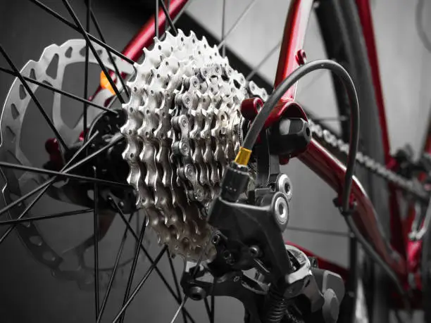 Bicycle transmission and brake system. Low angle view. Modern sport bicycle.