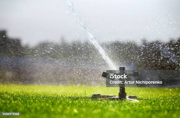 Automatic Watering System Sprays Water On The Lawn Irrigation Stock Photo - Download Image Now