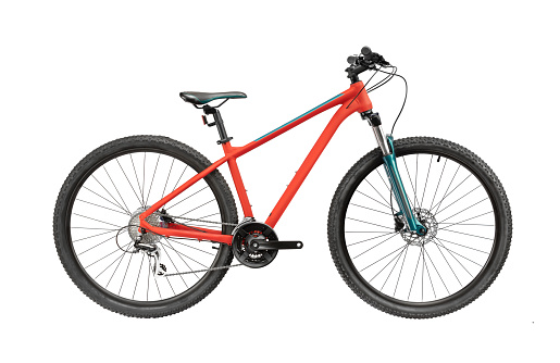 Mountain bicycle isolated on white. Modern cross-country bike with red frame ad 29 inch wheels. Sport concept.