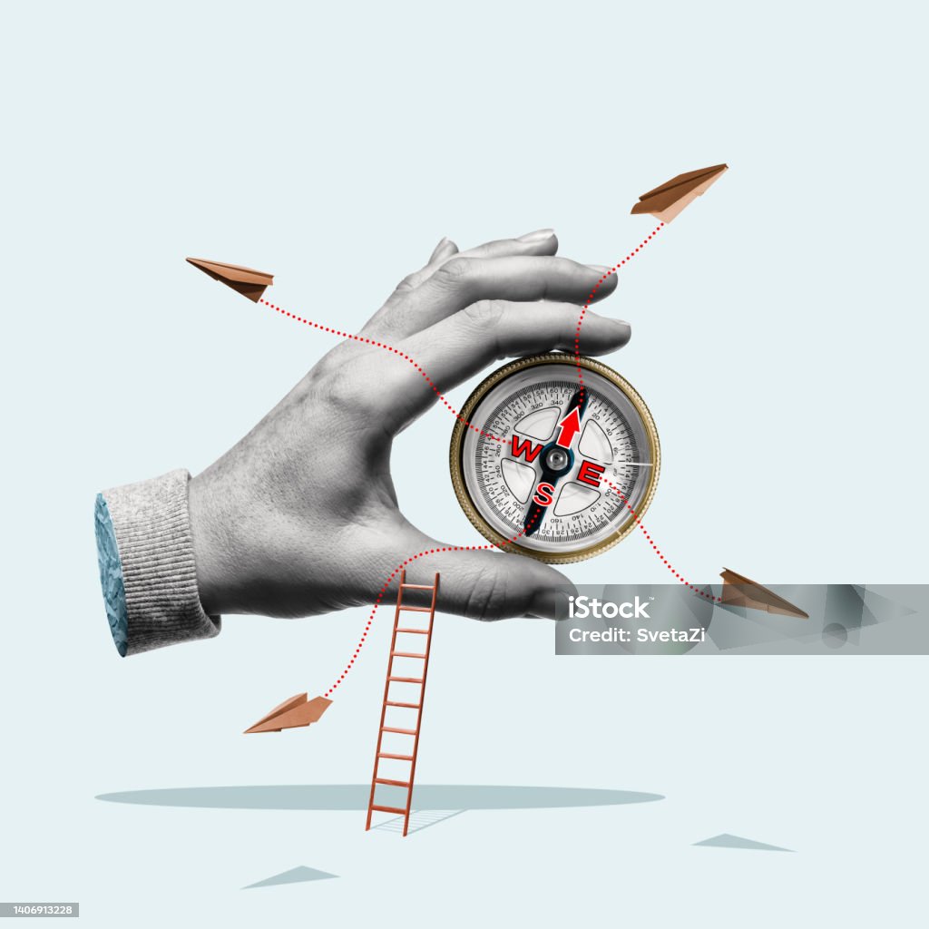 Business development in different directions. Compass in a man's hand. Business development in different directions. Art collage. Composite Image Stock Photo