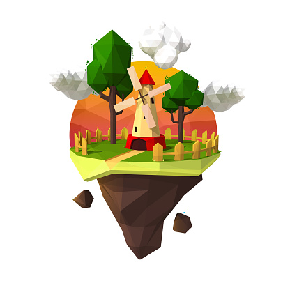 Flying island of triangles with windmill, trees, sun. Vector illustration.
