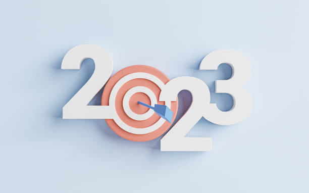 année 2023 avec tableau cible pour la configuration de l’objectif commercial cible et objectif pour le concept du nouvel an par illustration de rendu 3d. - target dart shooting business photos et images de collection