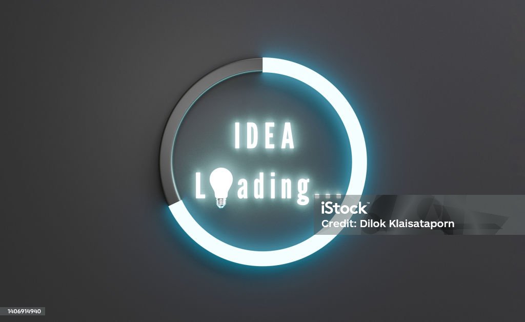 Glowing Idea loading wording with progressive icon and lightbulb for creative thinking ideas innovation and problem solving concept by technology 3d render. Planning Stock Photo