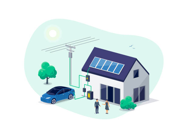 배터리 에너지 저�장 및 전기 자동차 충전을 통한 가정용 전기 계획 - solar energy illustrations stock illustrations