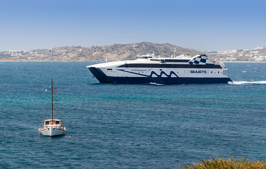 Naxos Greece 06-04-22.Passengers \n ferry at Naxos. Cyclades Islands. Greece.