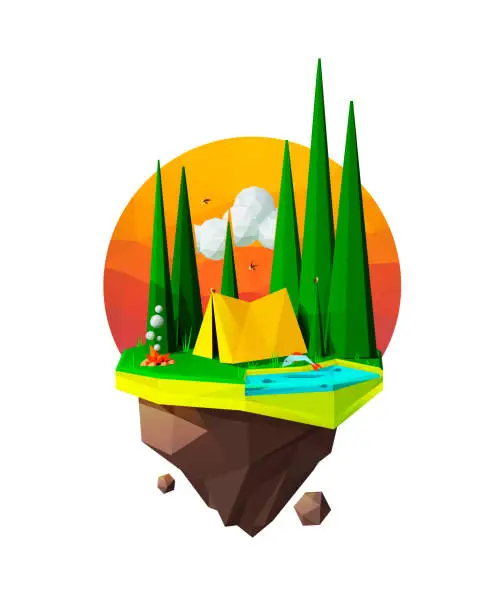 Vector illustration of Flying Island with Forest, Campfire and Tent, Tourism, Travel, Triangles illustration