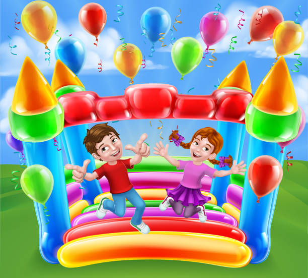 illustrazioni stock, clip art, cartoni animati e icone di tendenza di bouncy house castle jumping girl boy kids cartoon - inflatable castle play playground