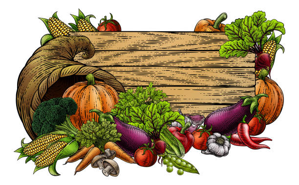 ilustraciones, imágenes clip art, dibujos animados e iconos de stock de horn of plenty garden vegetal fresh produce sign - thanksgiving fruit cornucopia vegetable