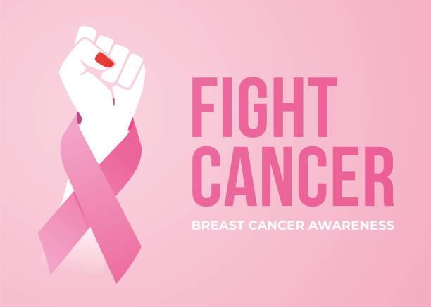 illustrazioni stock, clip art, cartoni animati e icone di tendenza di poster della campagna di sensibilizzazione sul cancro al seno con le mani che protestano con il pugno. - cancer women womens issues friendship