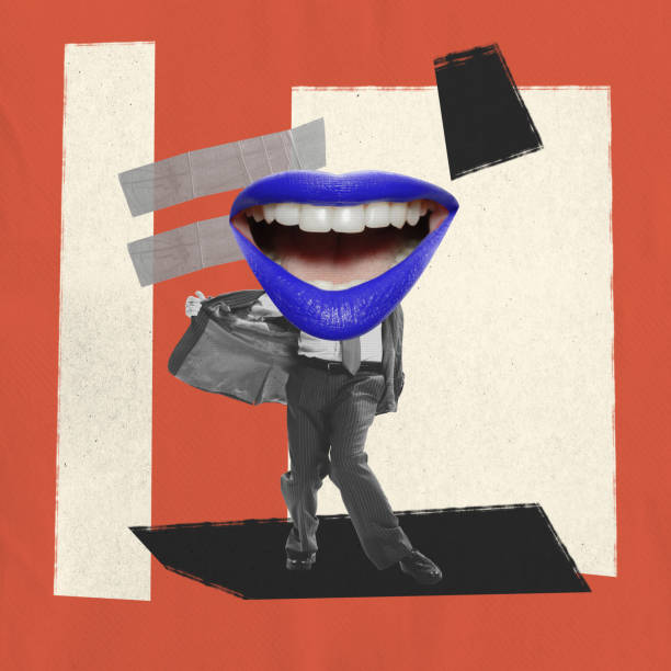 istock Composition with man in retro style outfit with big mouth over abstract background. Contemporary art collage. Ad, surrealism, imagination, inspiration. 1406925221