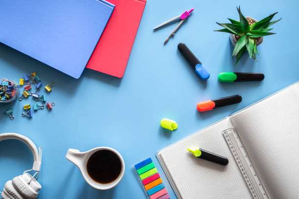 istock Flat lay with stationery items, pupil and student workplace concept. 1406926825