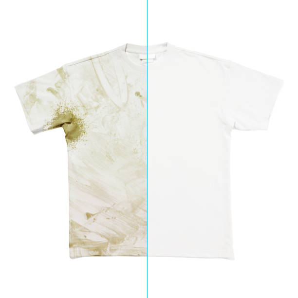 Comparison of white t-shirt before and after using laundry detergent or bleach Comparison of white t-shirt before and after using laundry detergent or bleach on white background unhygienic stock pictures, royalty-free photos & images