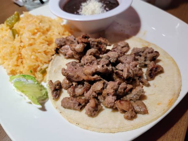 istock beef soft taco on tortilla with rice Mexican food 1406928264