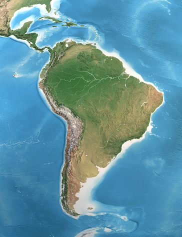 Physical map of South and Central America, with high resolution details. Satellite view of Planet Earth. 3D illustration (Blender software), elements of this image furnished by NASA (https://eoimages.gsfc.nasa.gov/images/imagerecords/147000/147190/eo_base_2020_clean_3600x1800.png)