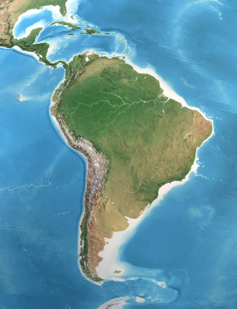 High resolution detailed map of South and Central America Physical map of South and Central America, with high resolution details. Satellite view of Planet Earth. 3D illustration (Blender software), elements of this image furnished by NASA (https://eoimages.gsfc.nasa.gov/images/imagerecords/147000/147190/eo_base_2020_clean_3600x1800.png) andes stock pictures, royalty-free photos & images