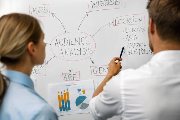 target audience analysis, market segmentation - marketing people analyzing business customer data on whiteboard stock photo