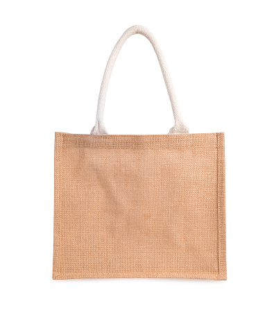 Fabric Hessian bag, sack brown with handle, reusable shopping bag isolated on white background.