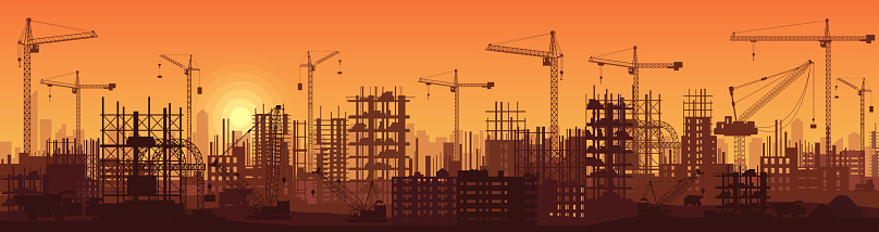 Construction site with silhouettes of equipment, concrete structures and cranes in sunset urban landscape vector illustration. City development and building process background. Reconstruction concept