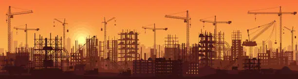 Vector illustration of Construction site with silhouettes of equipment, concrete structures and cranes in sunset