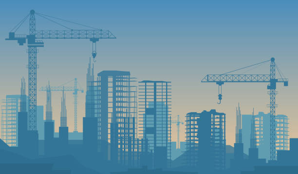 Blue skyline with modern construction site, silhouettes of building with scaffolds Blue skyline with modern construction site. Abstract silhouettes of building under reconstruction with scaffolds, new skyscrapers, concrete towers flat vector illustration. City development concept drawing of scaffold stock illustrations