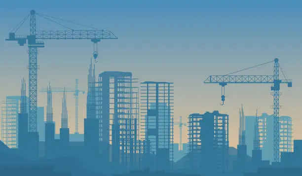 Vector illustration of Blue skyline with modern construction site, silhouettes of building with scaffolds