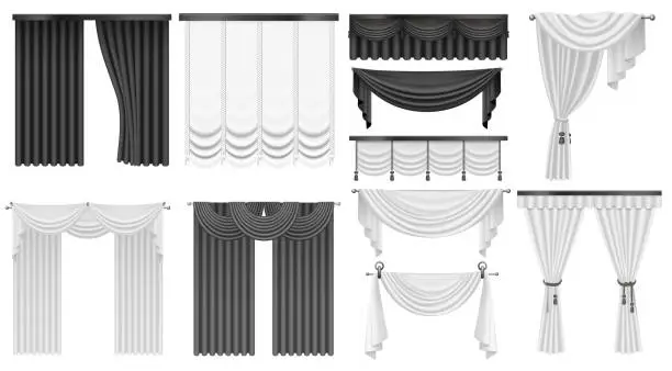 Vector illustration of Black and white curtains set, 3d open and closed silk, velvet or satin curtains drape