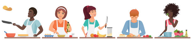ilustraciones, imágenes clip art, dibujos animados e iconos de stock de personas diversas que cocinan alimentos saludables en el conjunto de la cocina, mujeres hombres hornean panqueques, cocinan ensaladas - stereotypical housewife little girls family domestic kitchen