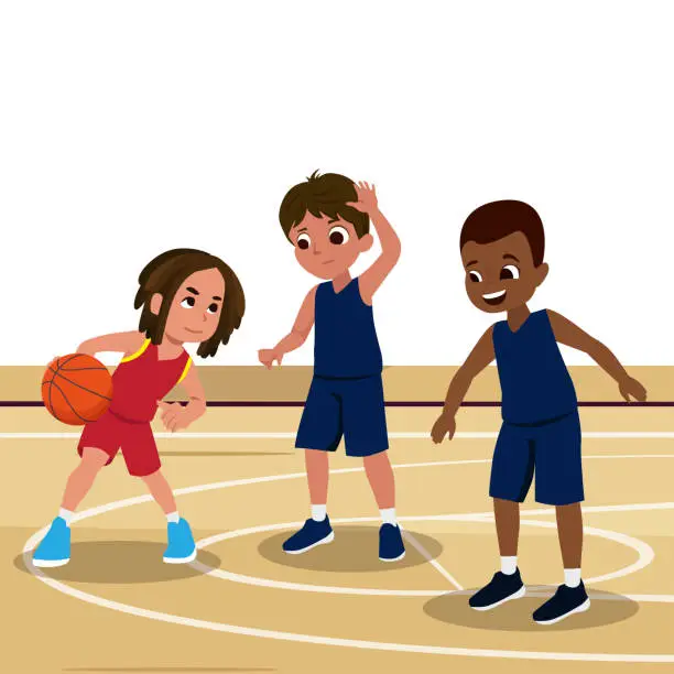 Vector illustration of Basketball Player Child Set Vector. Poses. Leads The Ball. Sport Game