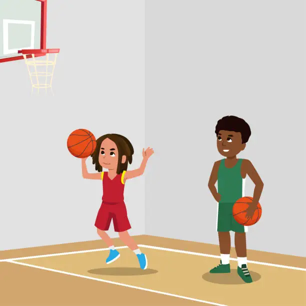 Vector illustration of Basketball Player Child Set Vector. Poses. Leads The Ball. Sport Game