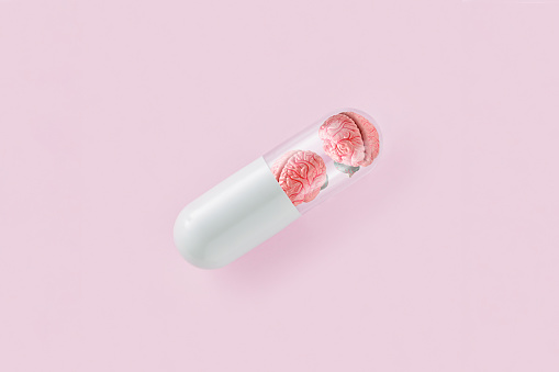 Pill with human brains on isolated pastel pink background. Minimal abstract concept. Lack of wisdom and memory or treatment psychiatric or psychological disorders. Creative idea of mental illness or health care. Flat lay.