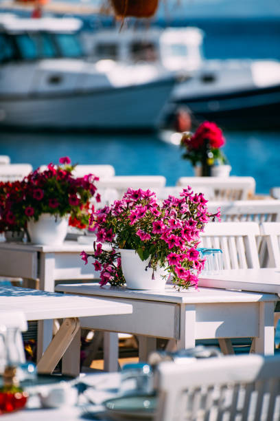 istock Dining Table Decorated With Flowers by the Sea 1406939644