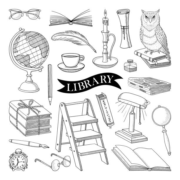 LARGE VECTOR COLLECTION OF LIBRARY ITEMS ON A WHITE BACKGROUND BIG SET OF ITEMS FROM THE LIBRARY ON A WHITE BACKGROUND IN VECTOR newspaper pile stock illustrations