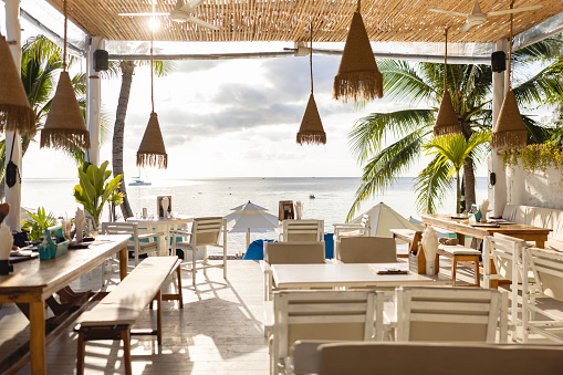Modern beach bar, with a view of the sea