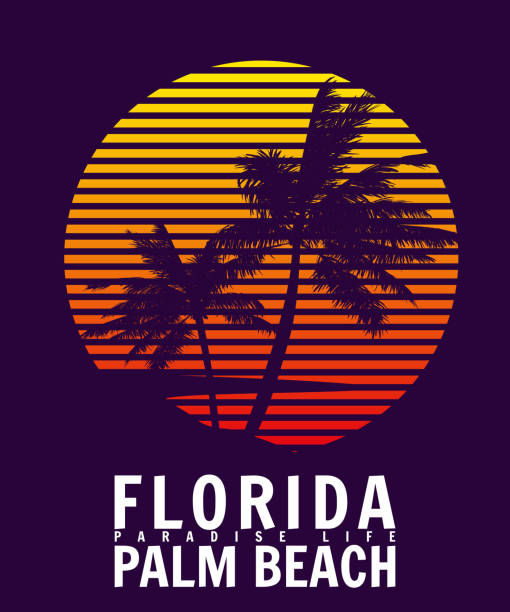 illustrations, cliparts, dessins animés et icônes de conception de t-shirt imprimé florida palm beach sunset. affiches de silhouettes de palmiers - letter t tree typescript alphabet