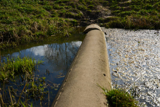concrete ditch in a ditch with dirty water. Spring