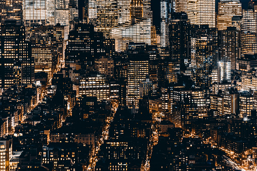 Aerial View of Buildings in Manhattan at Night / NYC, shot from Empire State Building.