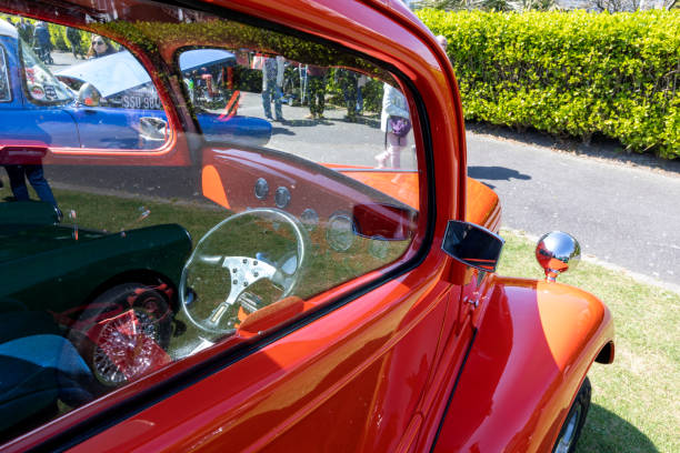 Gulfport, MS - October 01, 2023: High perspective front corner view of a 1932 Ford 3 Window Hot Rod Coupe at a local car show.