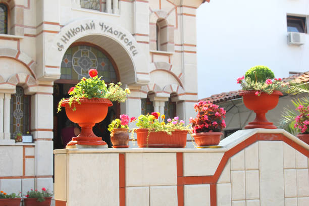 Flowers in front of the Chapel of St. Nicholas. Sozopol, Bulgaria.