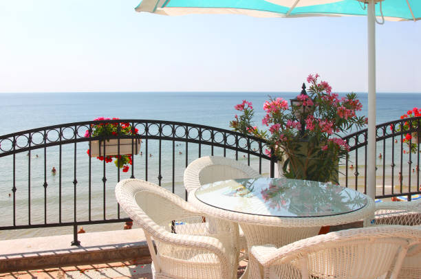 Cozy veranda next to the beach. Nessebar, Bulgaria stock photo